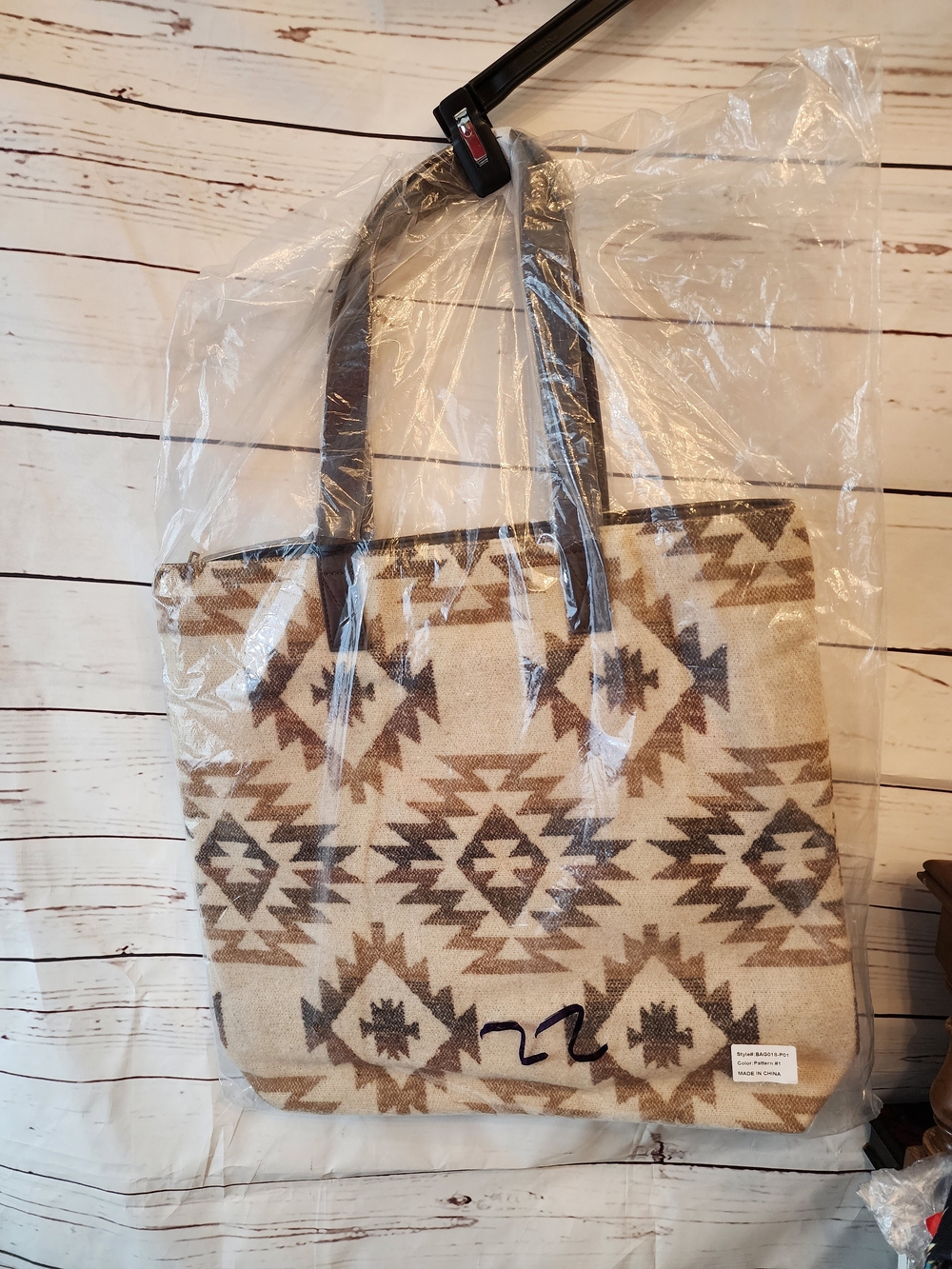 Canvas Aztec Pattern Tote Bag in Beige and Brown Blanket Material